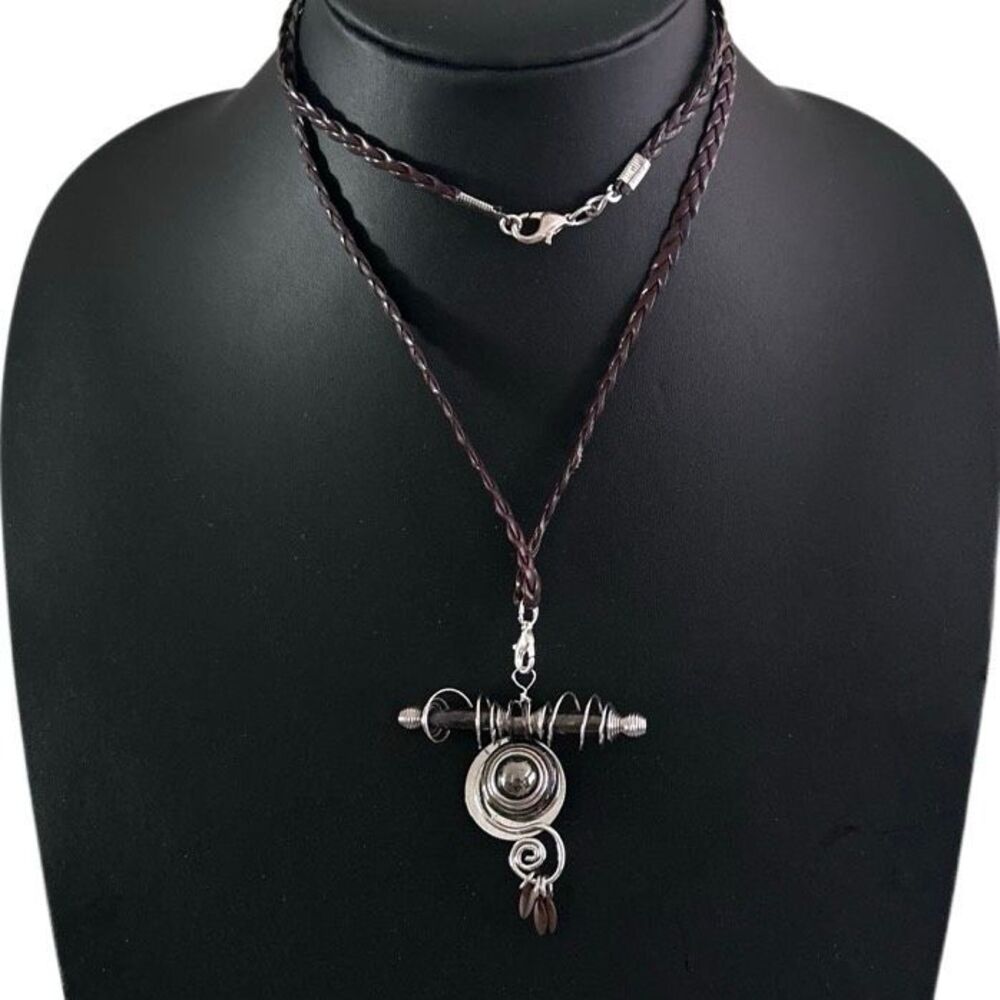 Industrial Wire-wrapped Metal Pendant Brooch Necklace 30" Braided Leather Cord
